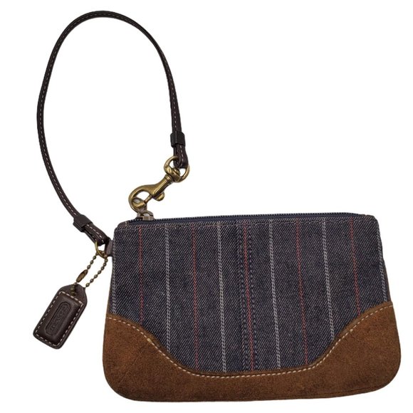 Coach Navy Blue Pinstripe Canvas Suede Wristlet